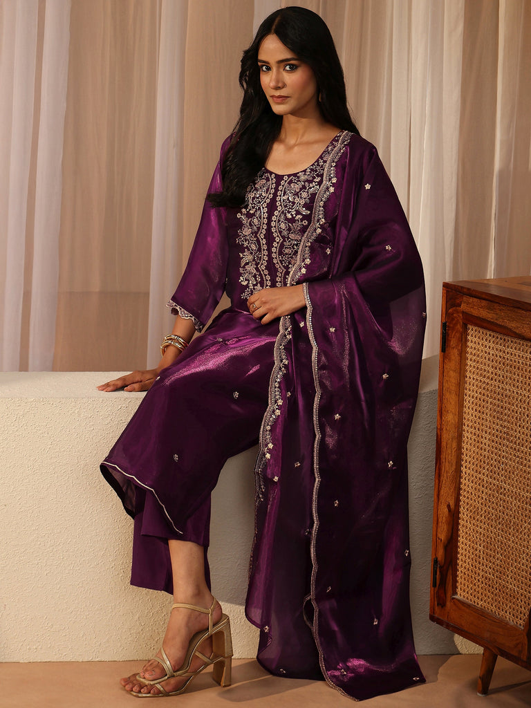 Libas Burgundy Floral Embroidered Tissue Straight Suit Set
