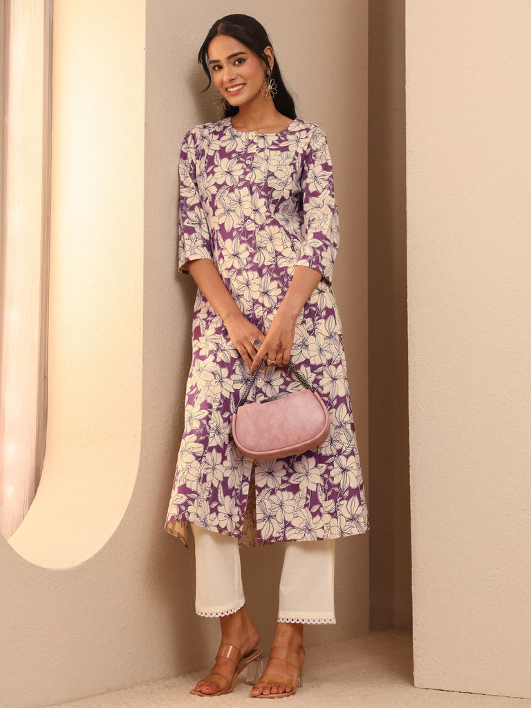 Libas Burgundy Floral Printed Cotton Blend A-Line Kurta