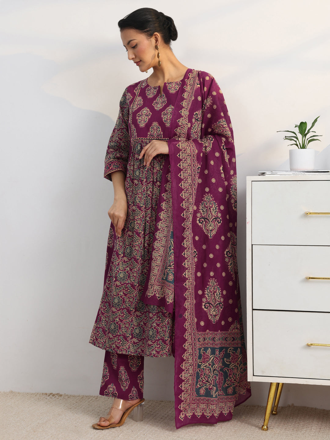  Burgundy Floral Printed Cotton Blend A-Line Suit Set With Dupatta 