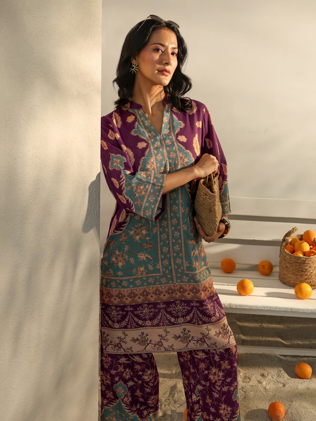  Burgundy Floral Printed Cotton Blend Co-Ord Set 