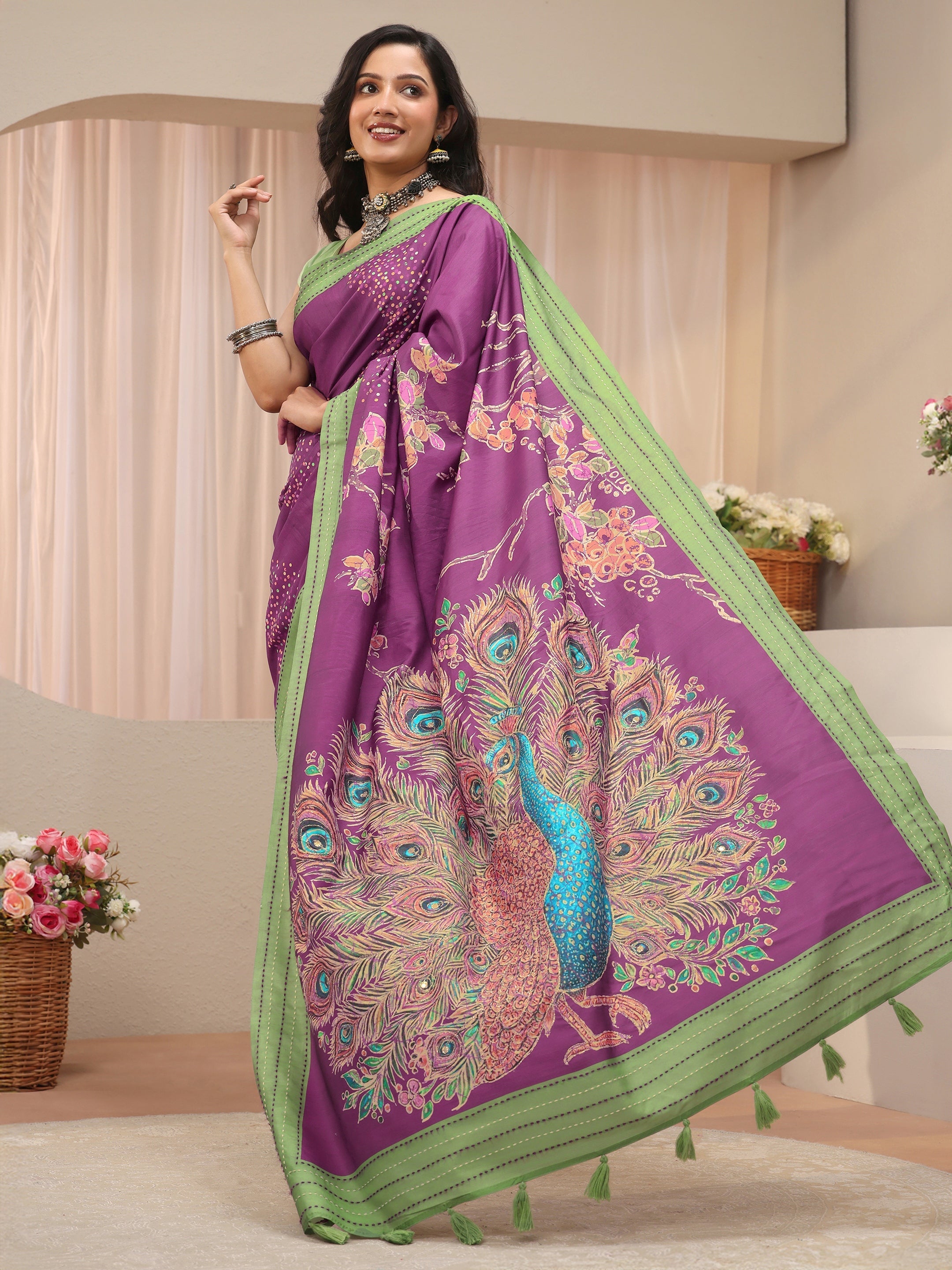 libas Burgundy Floral Printed Cotton Blend Saree-picture-47