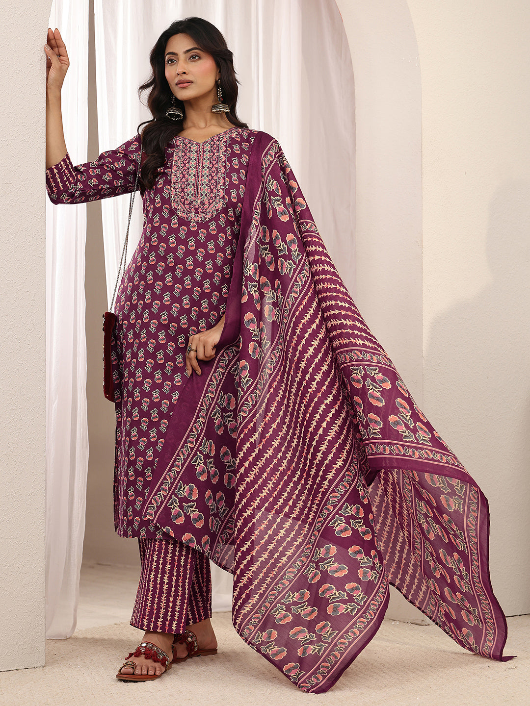 libas Burgundy Floral Printed Cotton Blend Straight Suit Set With Dupatta-picture-39