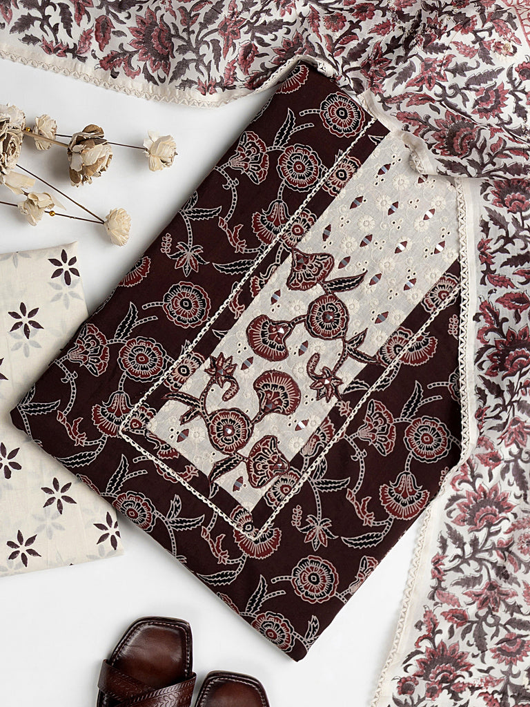 Libas Burgundy Floral Printed Cotton Dress Material With Dupatta