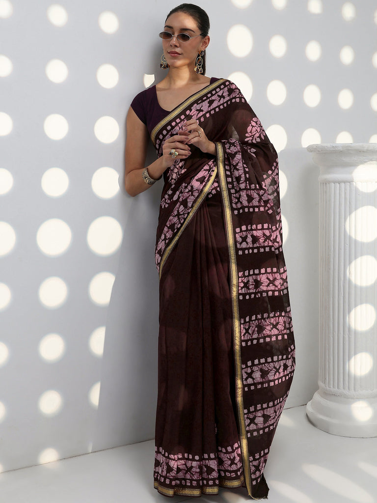Libas Burgundy Batik Print Cotton Saree