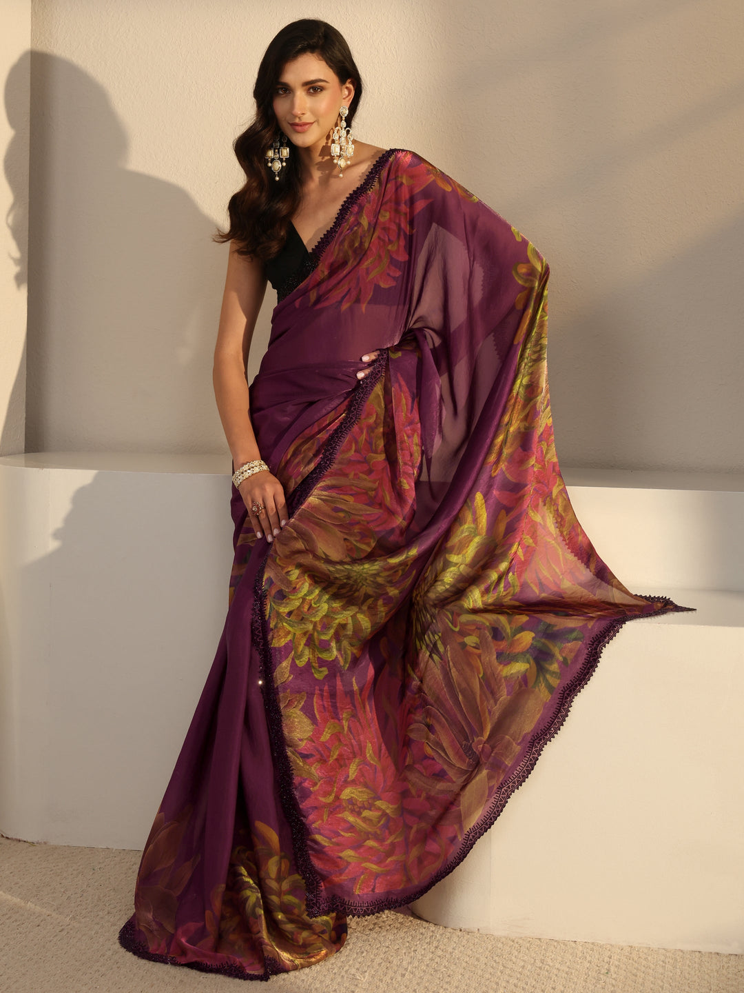 Burgundy Floral Printed Satin Saree With Unstitched Blouse Piece