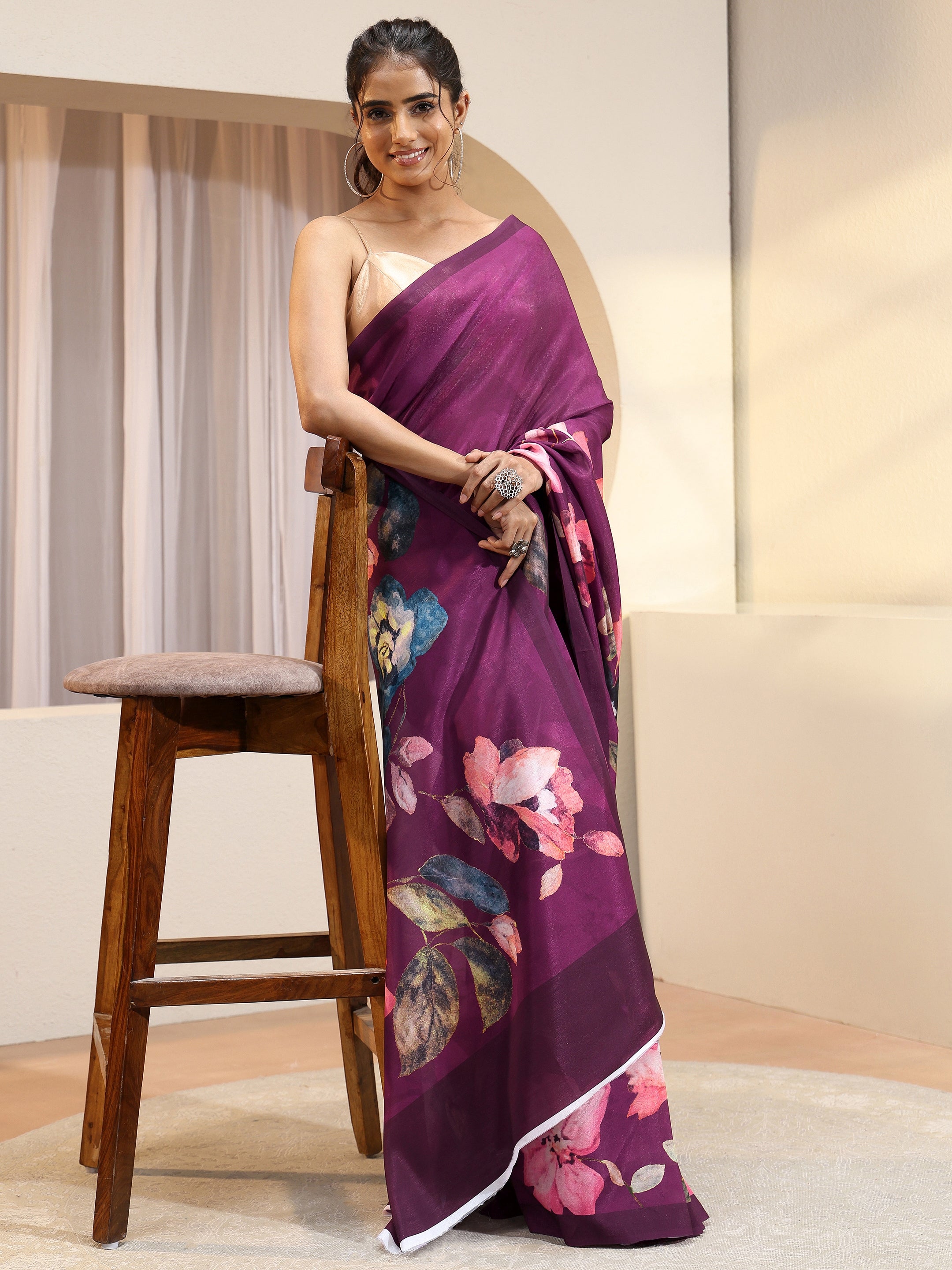 libas Burgundy Floral Printed Silk Blend Saree-picture-22