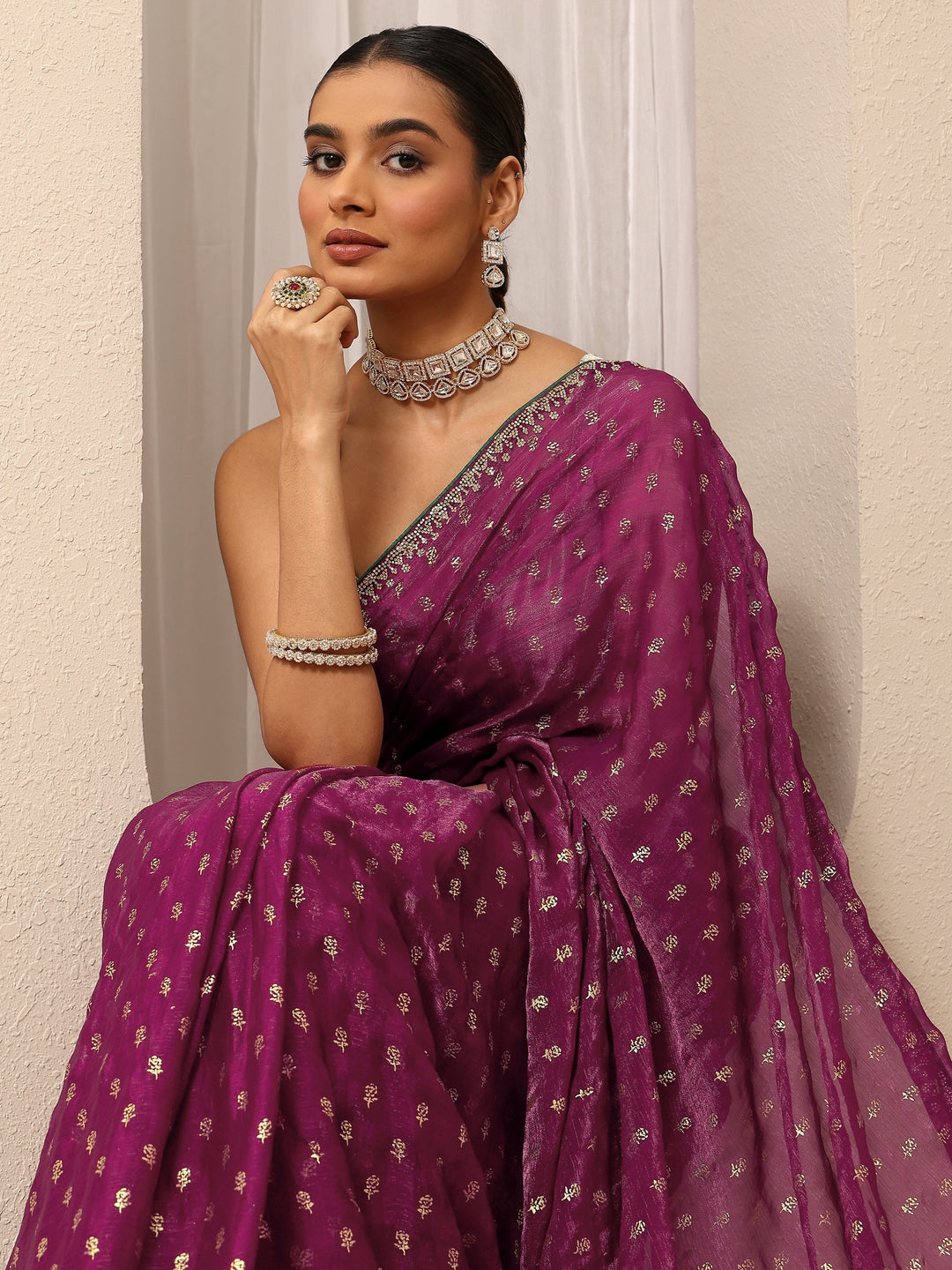  Burgundy Floral Printed Silk Blend Saree With Unstitched Blouse Piece 