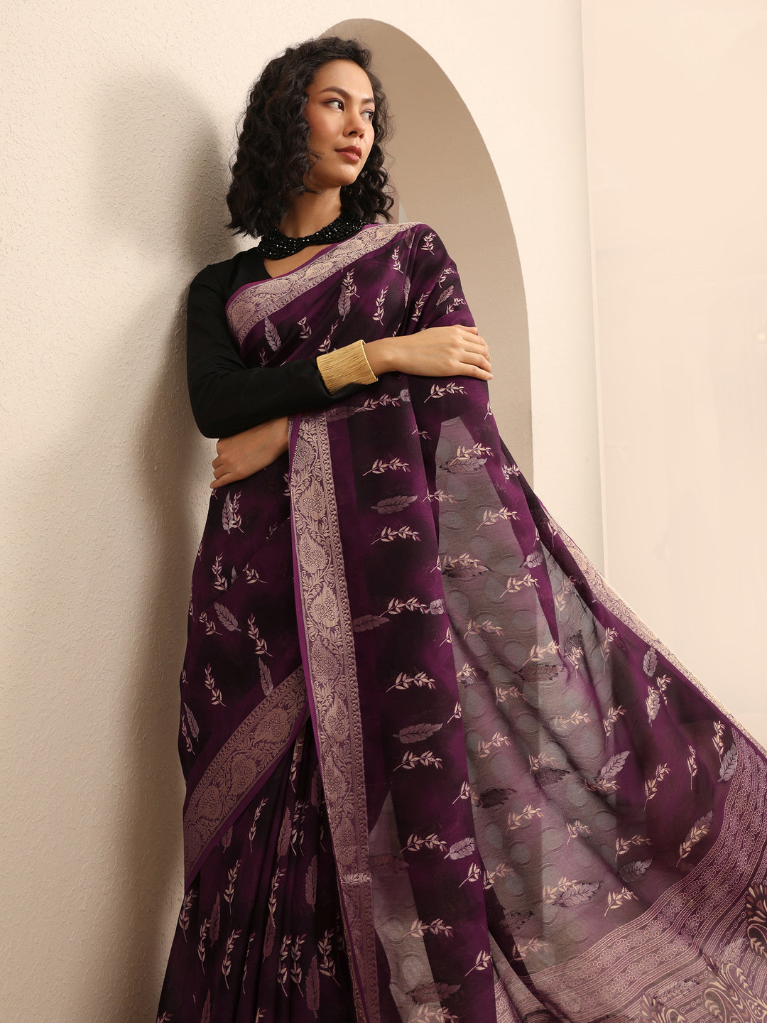  Burgundy Floral Printed Silk Blend Saree With Unstitched Blouse Piece 