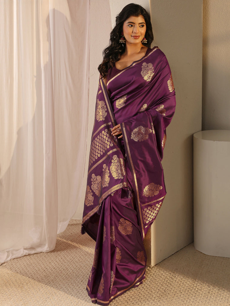 Libas Burgundy Floral Woven Design Silk Blend Tassel Saree With Unstitched Blouse Piece