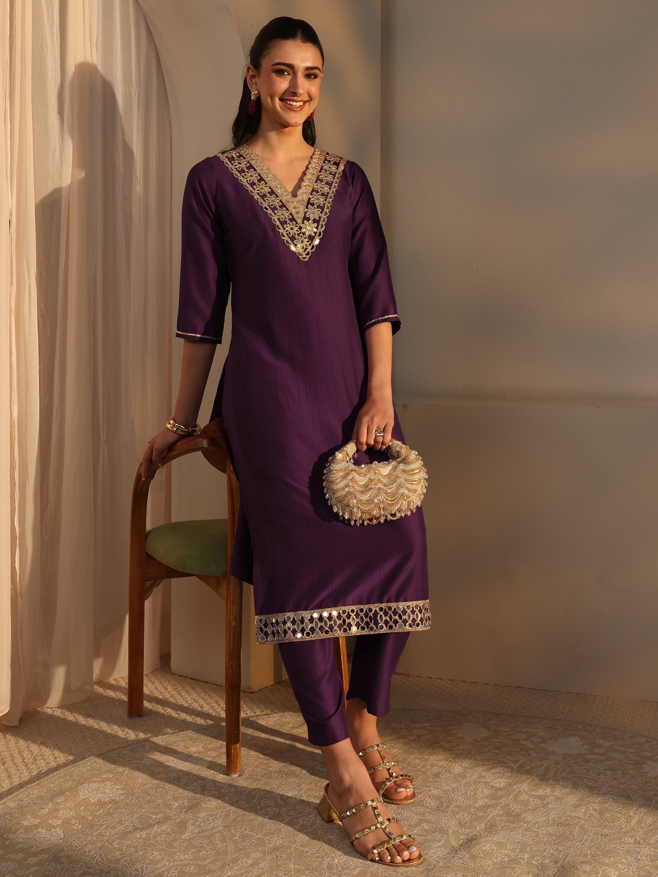 libas Burgundy Mirror Work Yoke Design Silk Blend Straight Kurta Set-picture-15