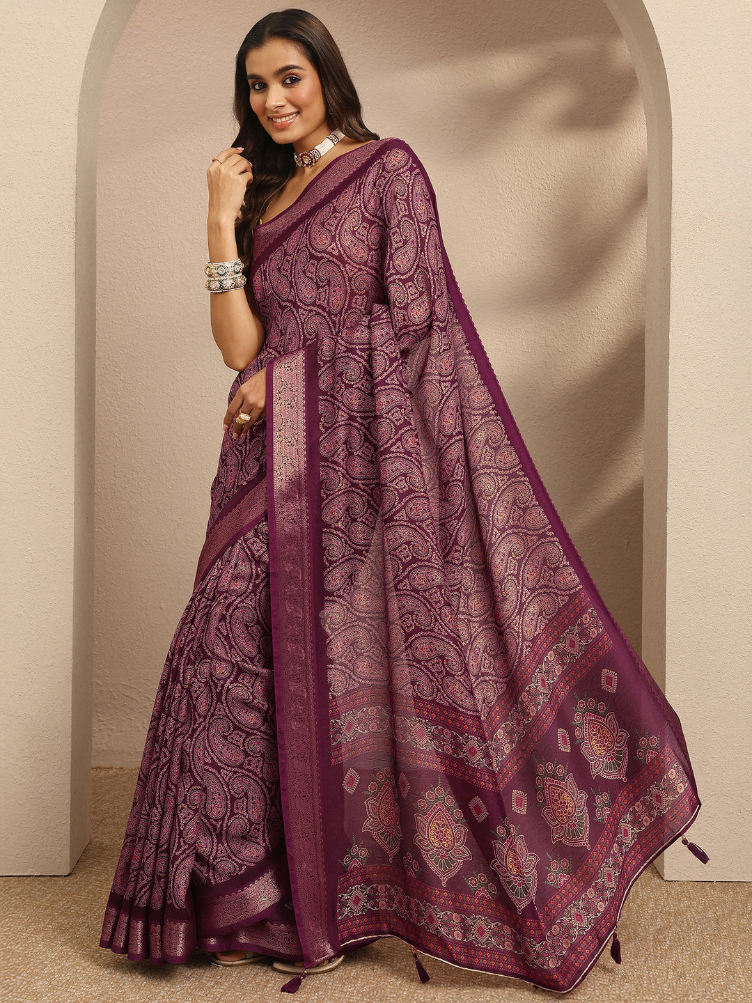  Burgundy Paisley Printed Silk Blend Saree With Unstitched Blouse Piece 