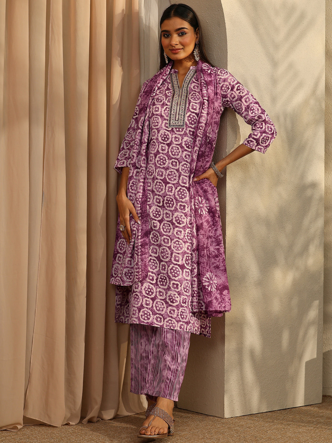 Burgundy Printed Cotton Blend Straight Suit Set With Dupatta