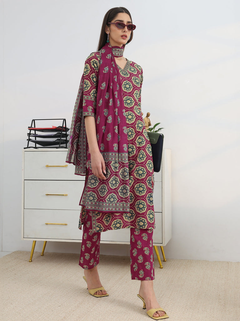 Gerua Burgundy Printed Cotton Blend Straight Suit Set With Dupatta
