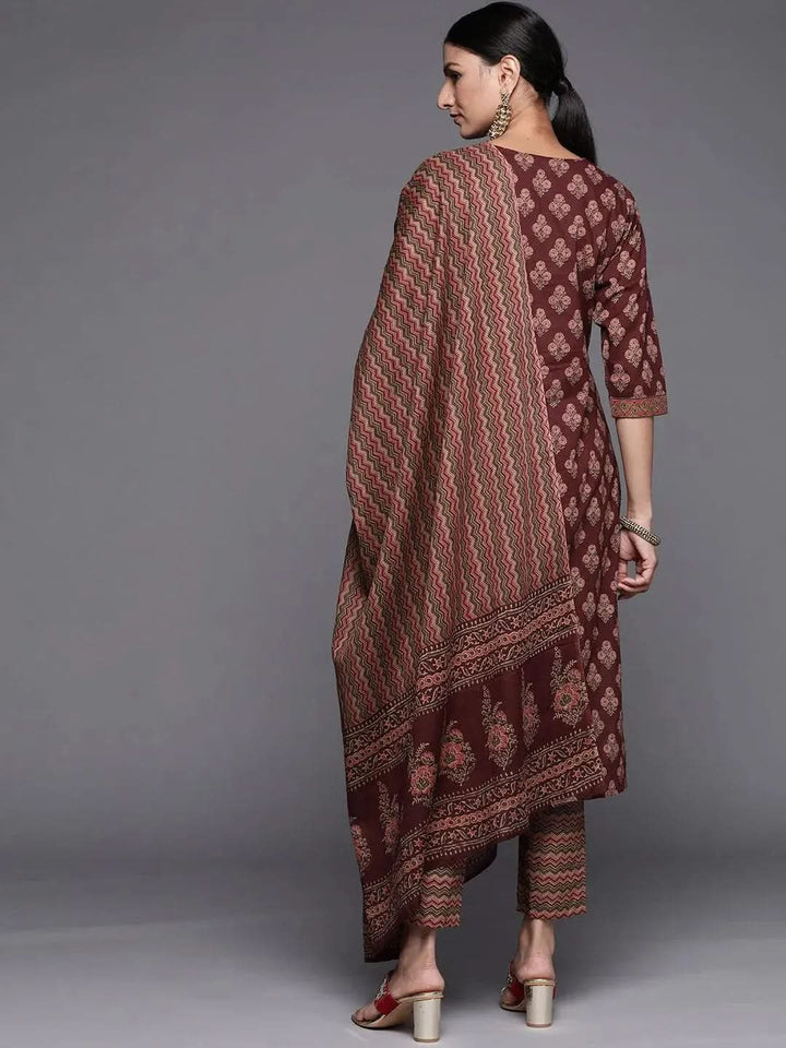 Burgundy Printed Cotton Straight Suit Set - Libas