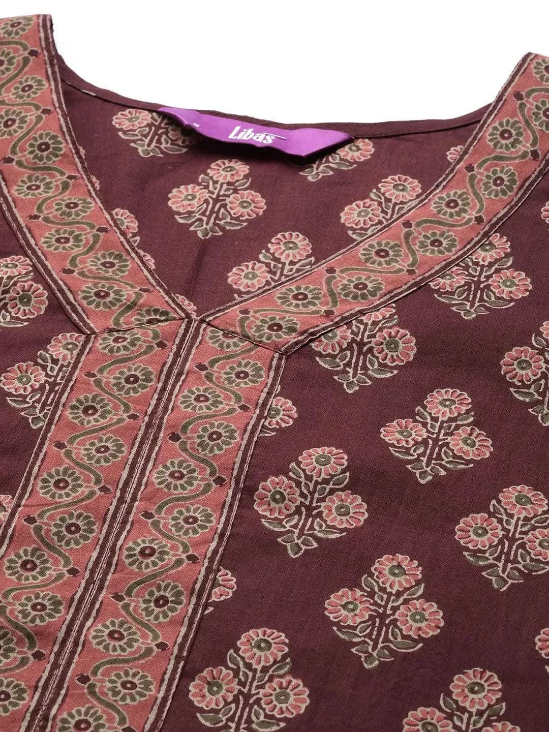 Burgundy Printed Cotton Straight Suit Set - Libas 
