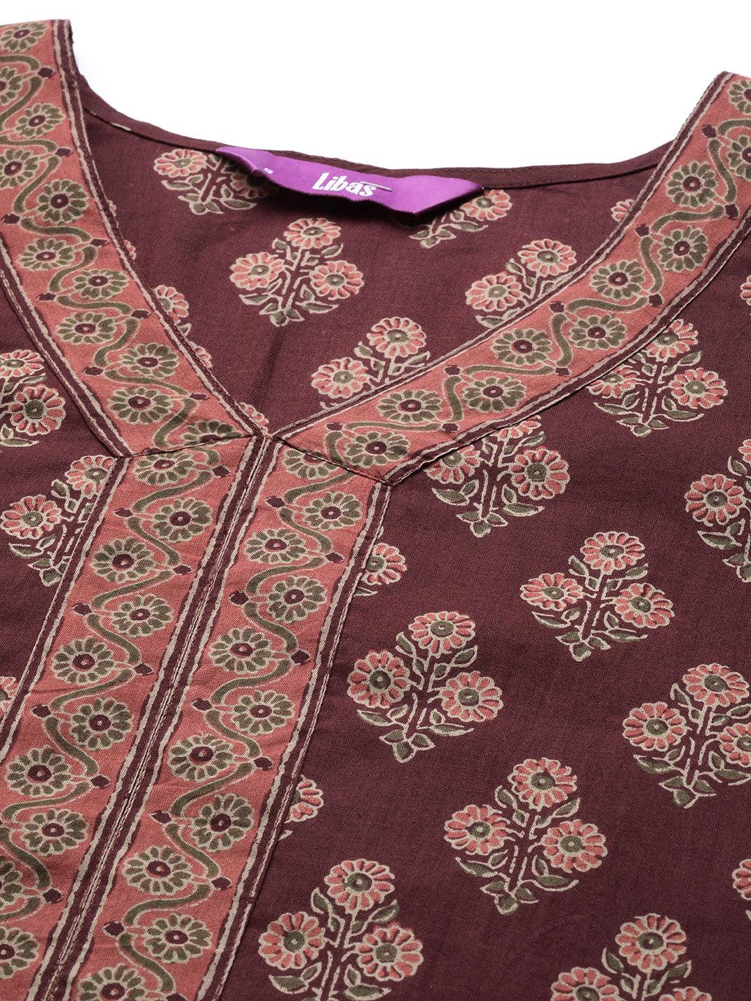 Burgundy Printed Cotton Straight Suit Set - Libas