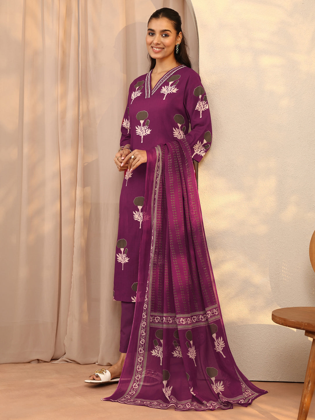  Burgundy Printed Cotton Straight Suit Set With Dupatta 