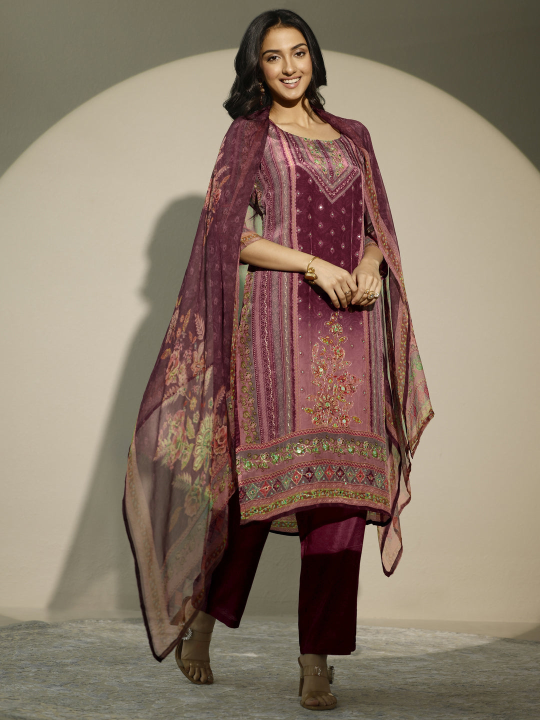 Burgundy Printed Muslin Straight Suit Set With Dupatta