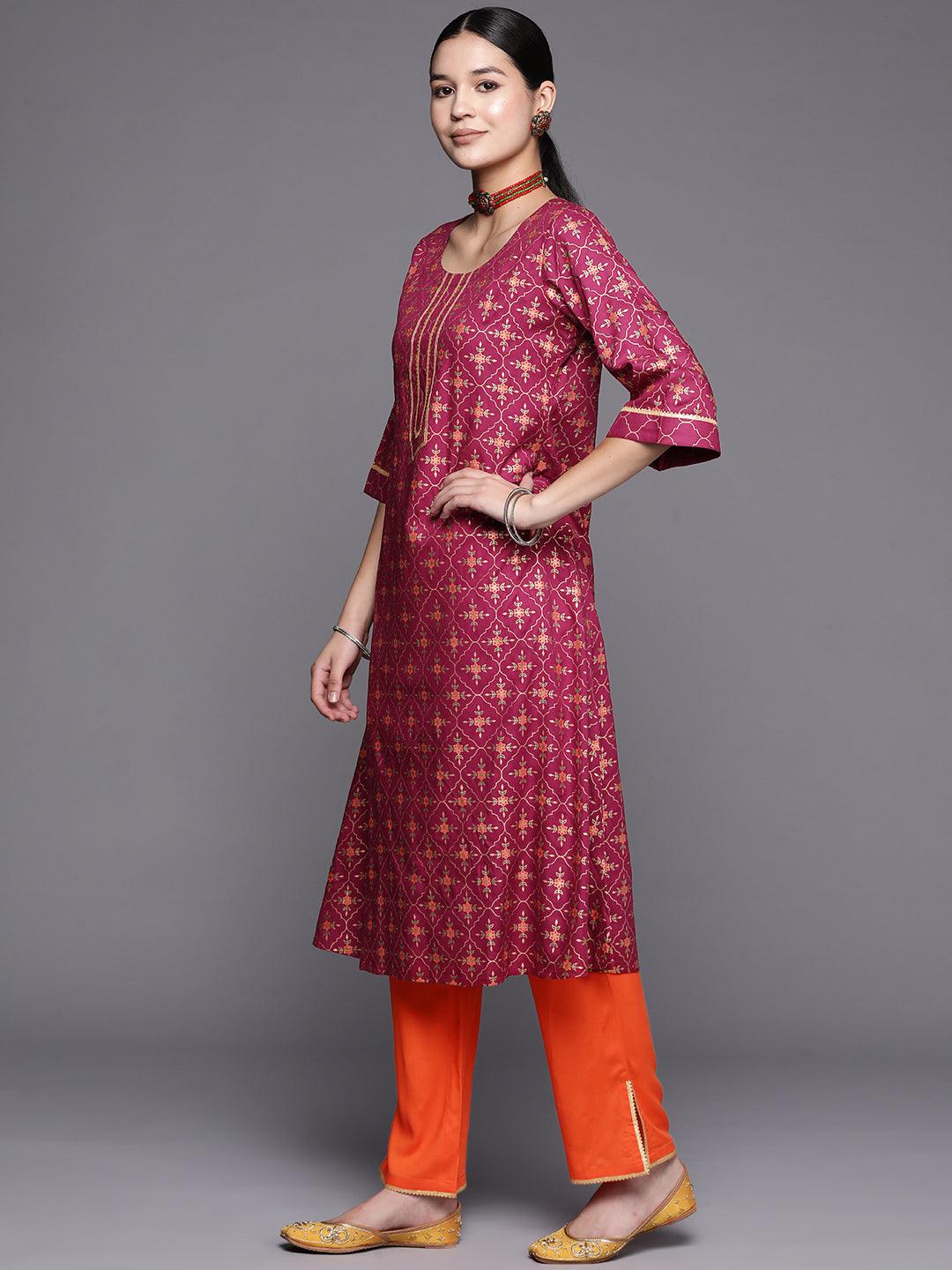 Burgundy Printed Rayon A-Line Suit Set With Trousers - Libas