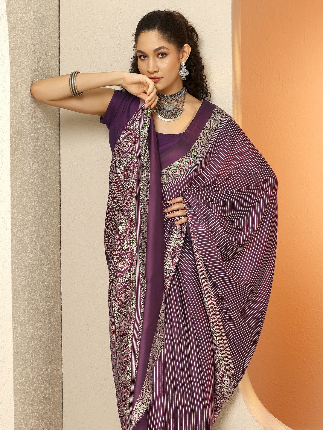 Burgundy Printed Satin Saree With Unstitched Blouse Piece