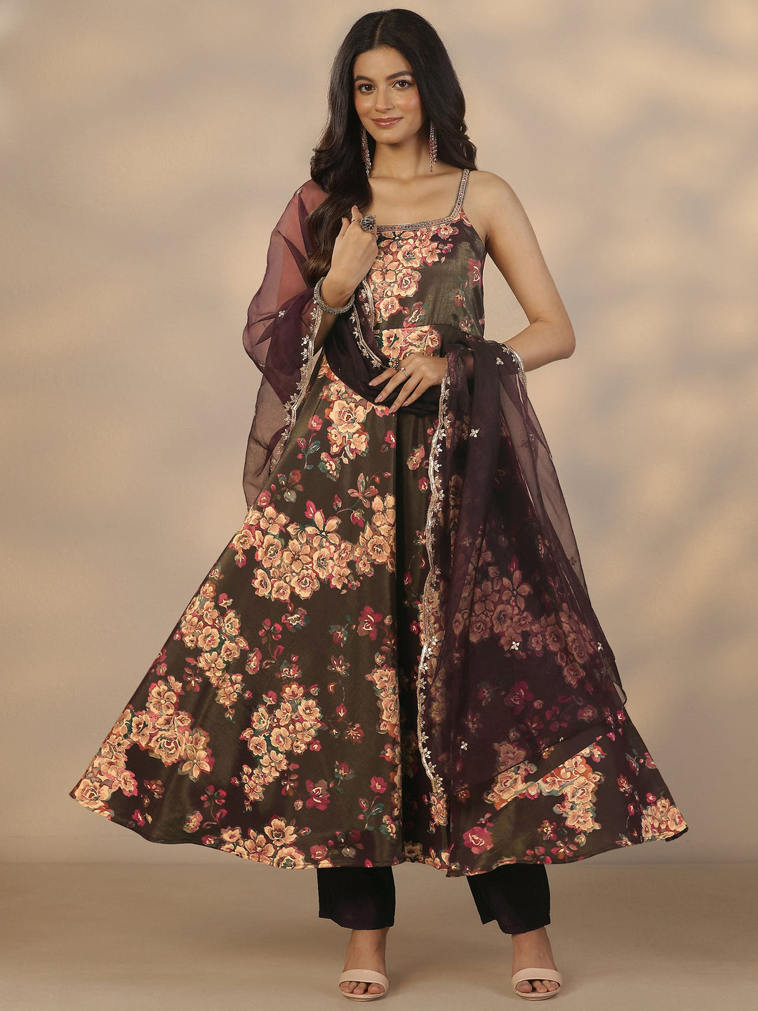  Burgundy Printed Silk Blend Anarkali Suit Set With Dupatta 