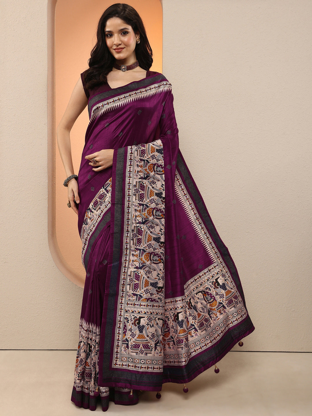  Burgundy Printed Silk Blend Saree With Unstitched Blouse Piece 