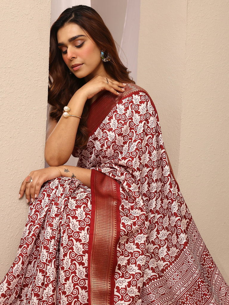 Libas Burgundy Printed Silk Blend Saree With Unstitched Blouse Piece