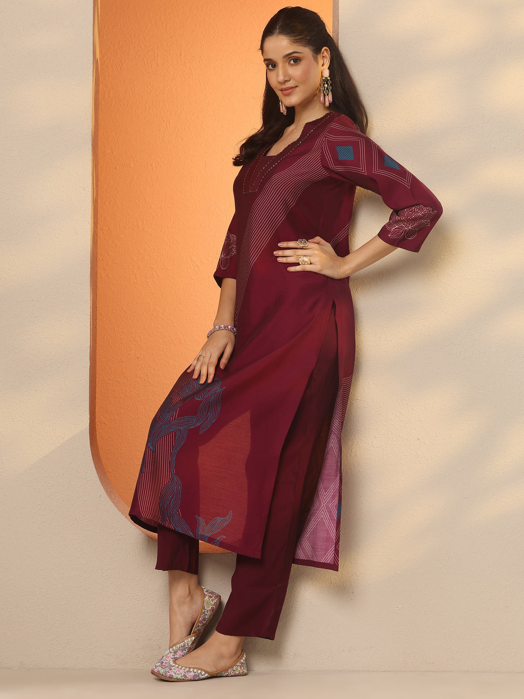 Burgundy Printed Silk Blend Straight Kurta