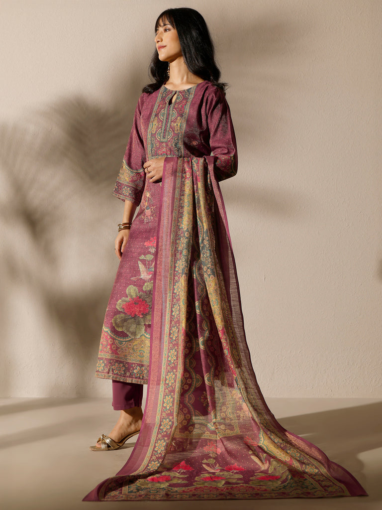 Libas Burgundy Printed Silk Blend Straight Suit Set With Dupatta