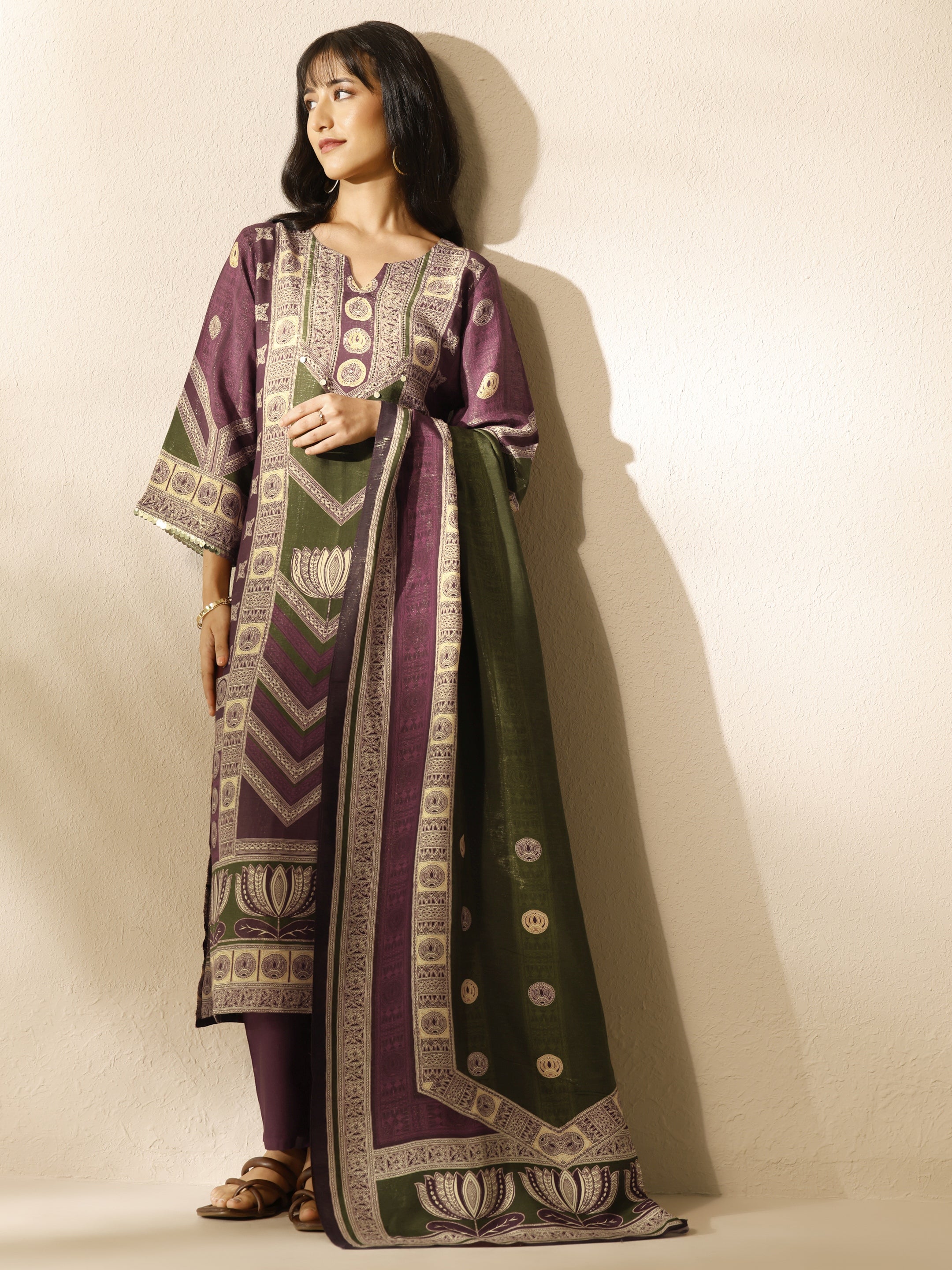 libas Burgundy Printed Silk Blend Straight Suit Set With Dupatta-picture-33