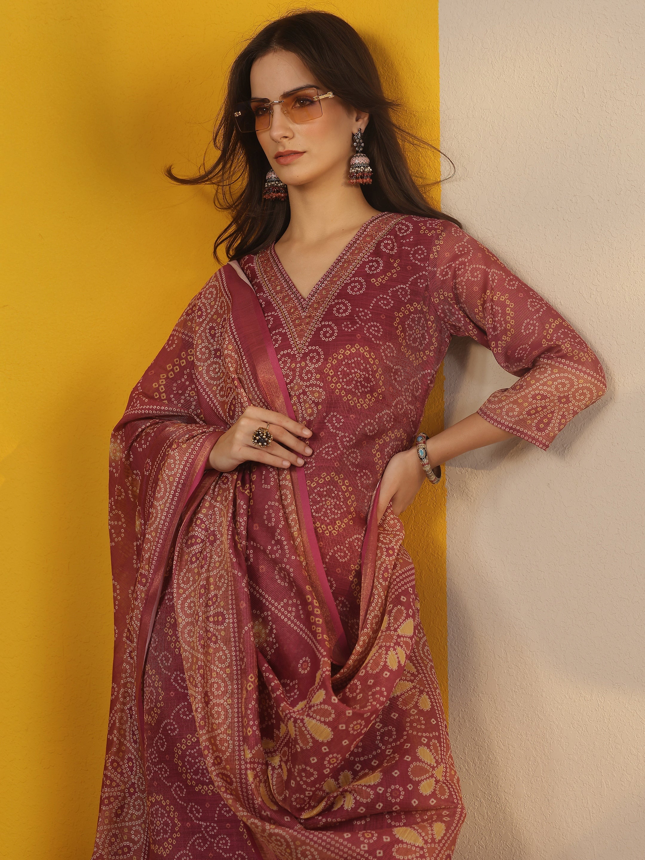 libas Burgundy Printed Silk Blend Straight Suit Set With Dupatta-picture-14
