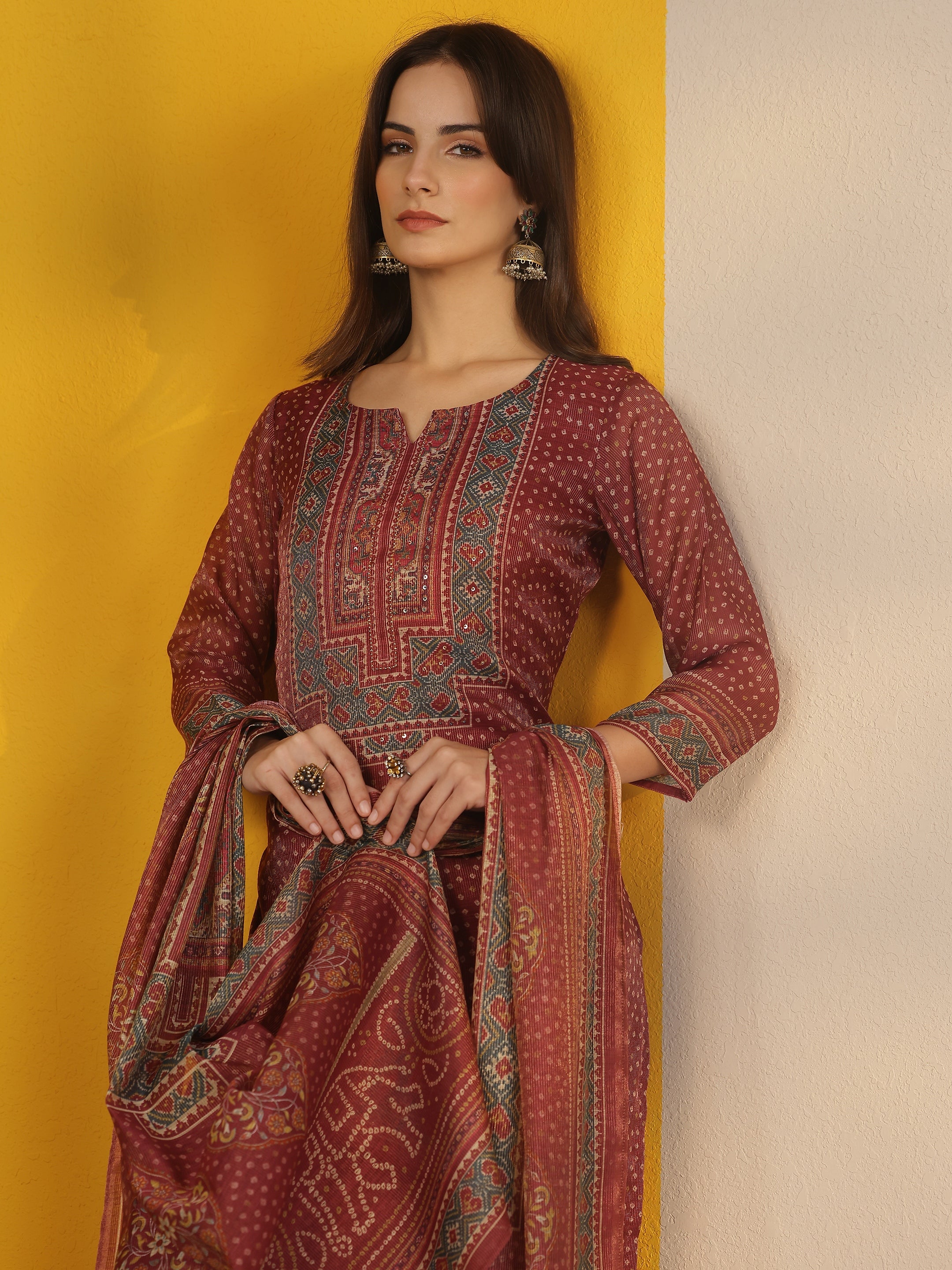 libas Burgundy Printed Silk Blend Straight Suit Set With Dupatta-picture-18
