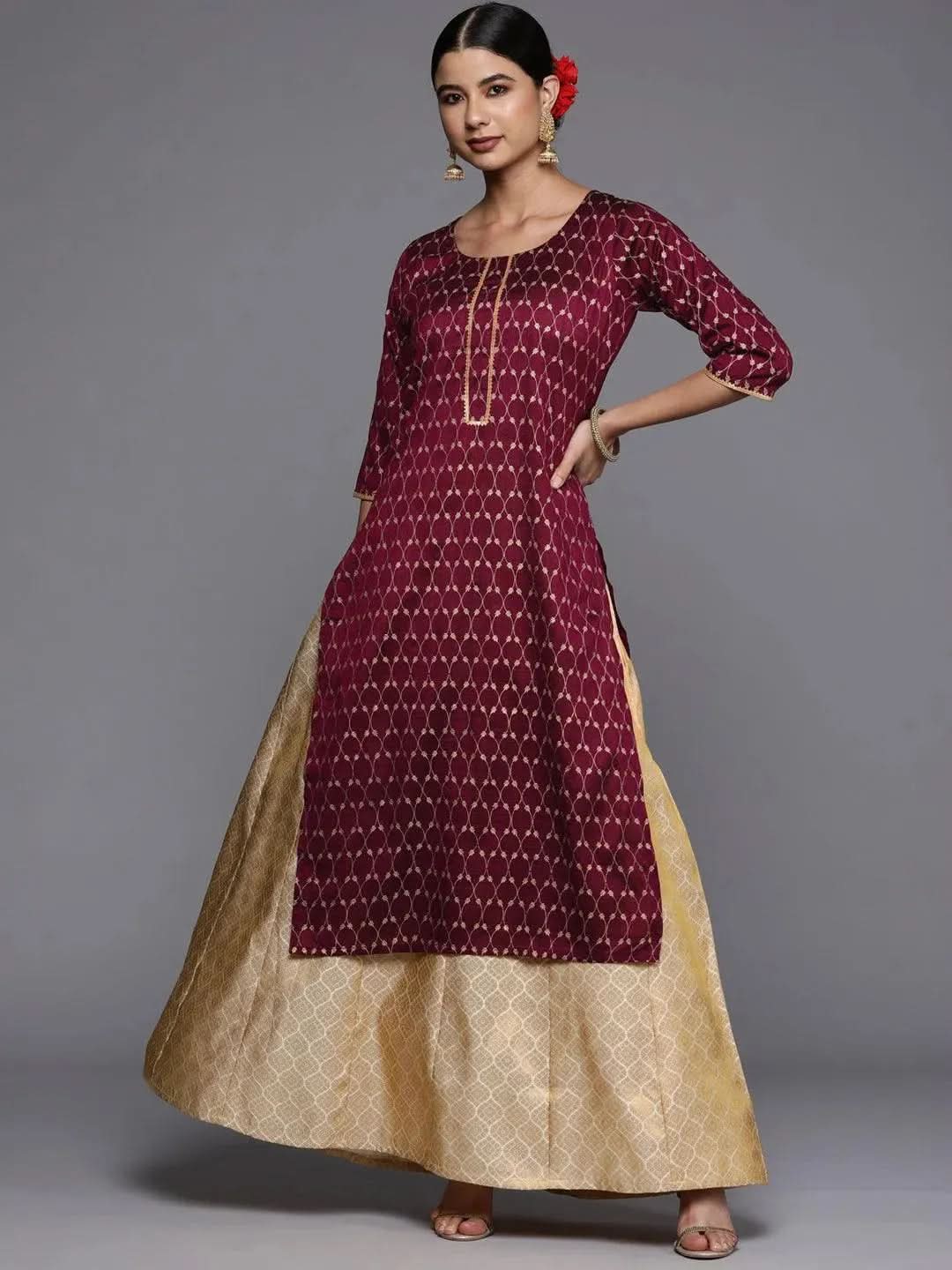 Burgundy Printed Silk Straight Kurta