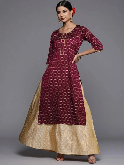 Burgundy Printed Silk Straight Kurta - Libas