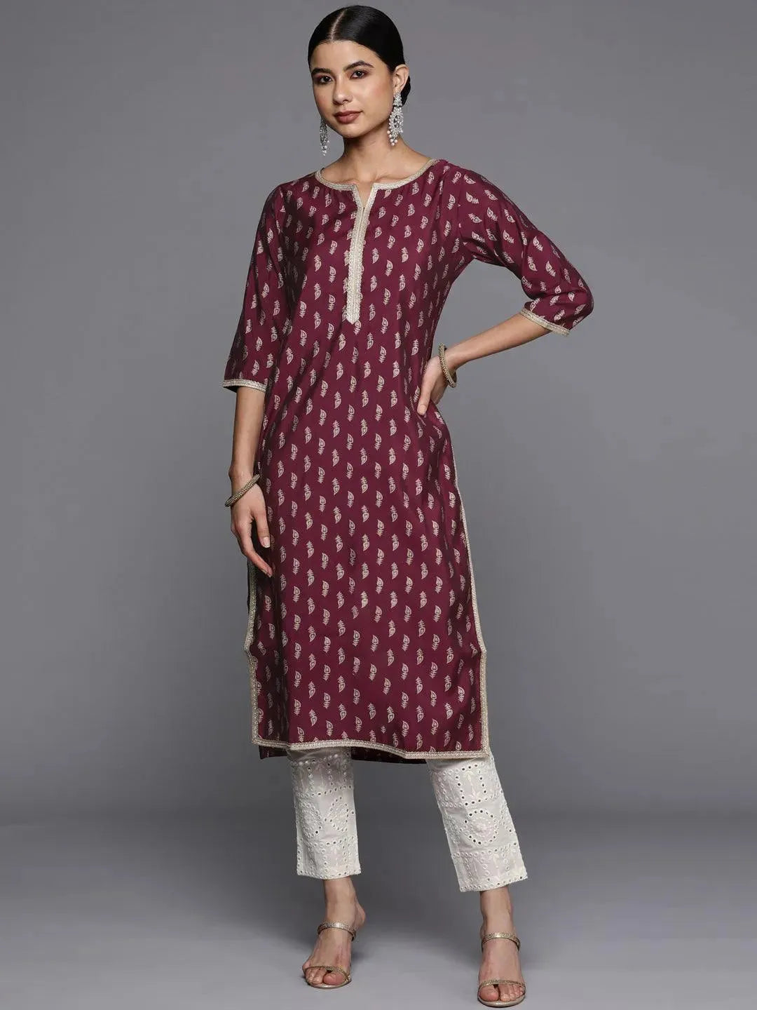 Burgundy Printed Silk Straight Kurta - Libas