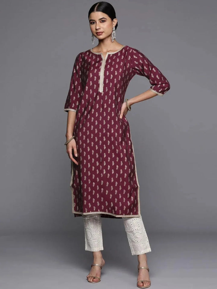 Burgundy Printed Silk Straight Kurta - Libas