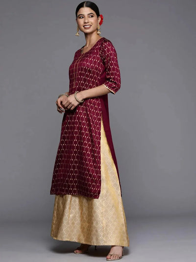 Burgundy Printed Silk Straight Kurta - Libas