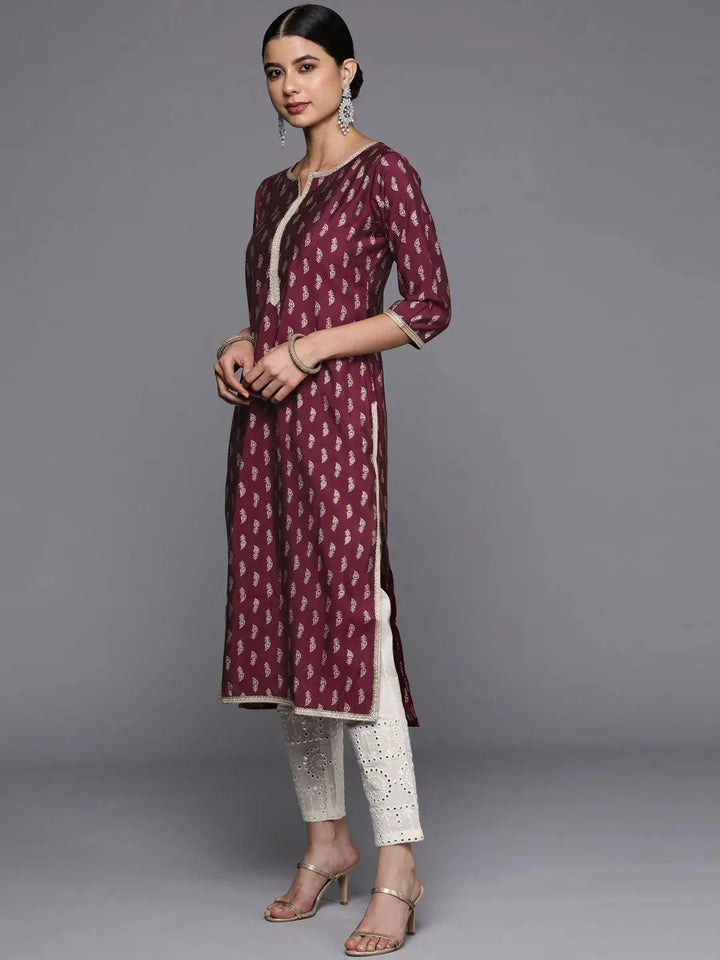 Burgundy Printed Silk Straight Kurta - Libas