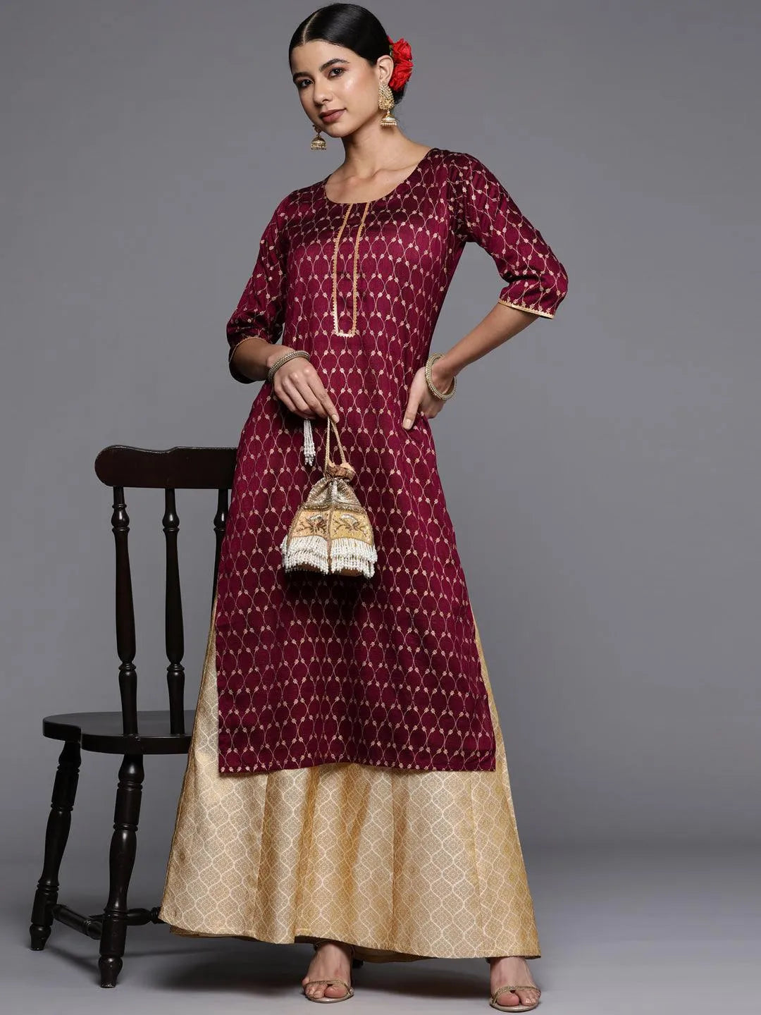 Burgundy Printed Silk Straight Kurta - Libas 