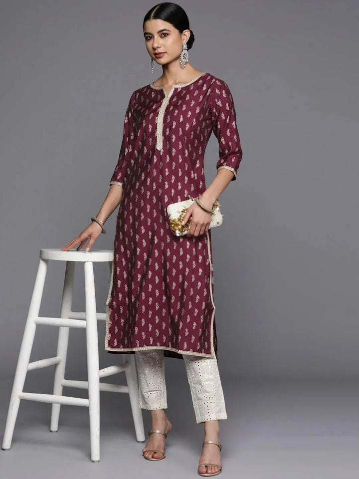 Burgundy Printed Silk Straight Kurta - Libas