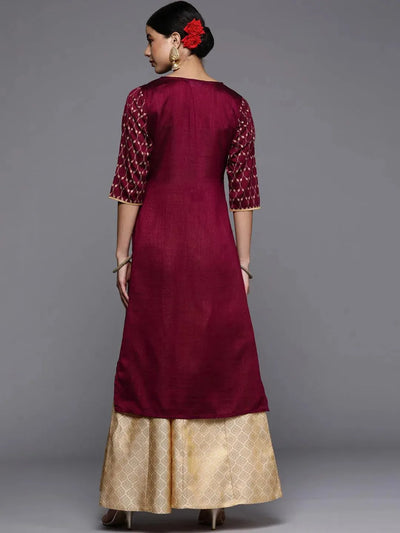 Burgundy Printed Silk Straight Kurta - Libas