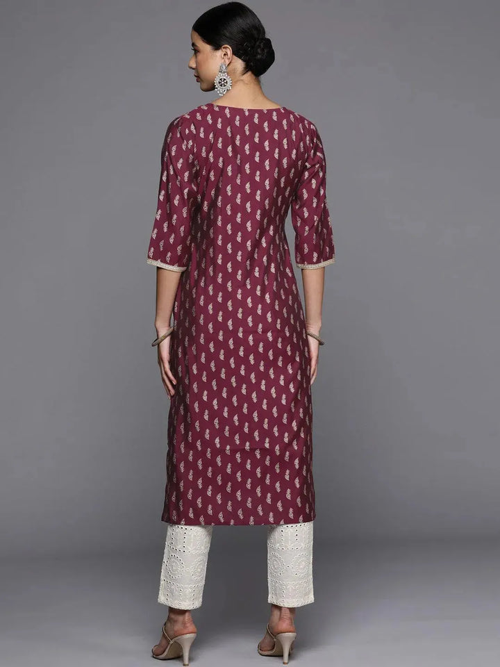 Burgundy Printed Silk Straight Kurta - Libas