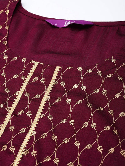 Burgundy Printed Silk Straight Kurta - Libas