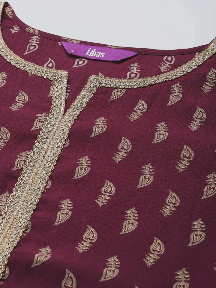 Burgundy Printed Silk Straight Kurta - Libas