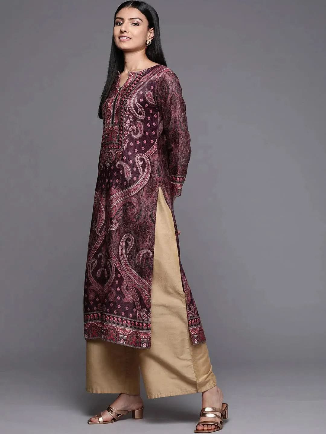 Burgundy Printed Velvet Straight Kurta - Libas 
