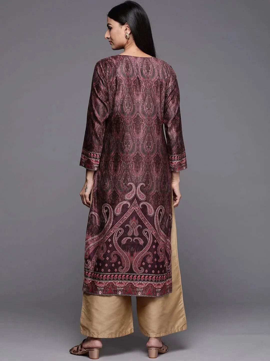 Burgundy Printed Velvet Straight Kurta - Libas 