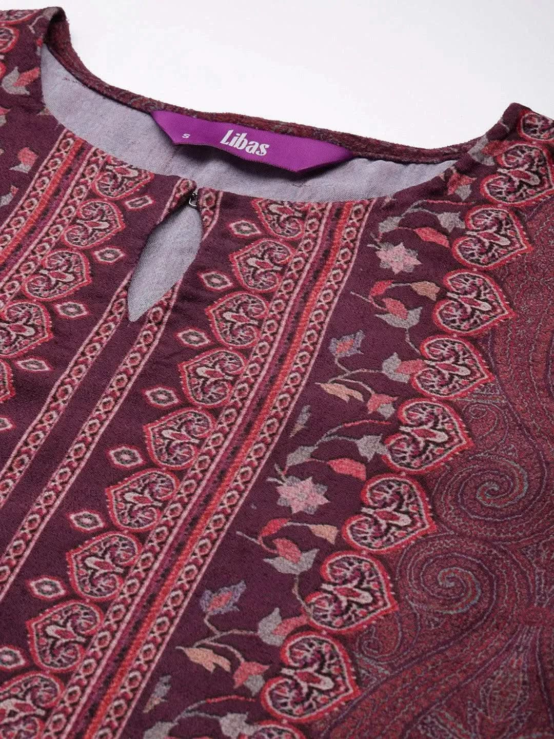 Burgundy Printed Velvet Straight Kurta - Libas 