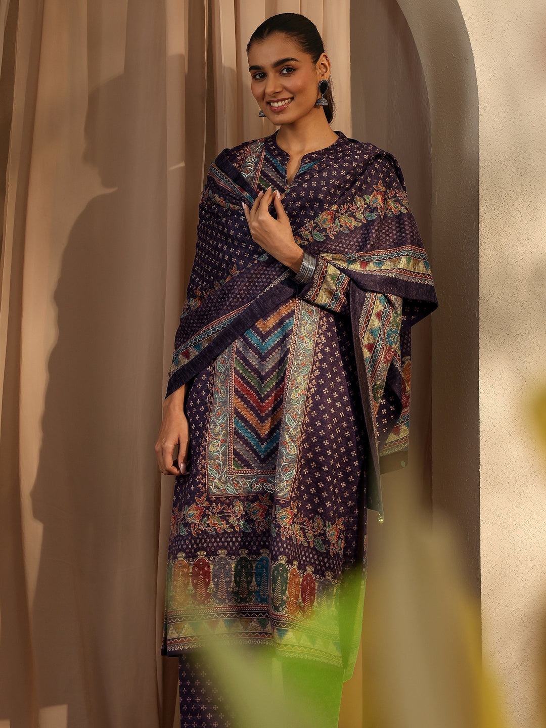  Burgundy Printed Wool Blend Straight Suit Set With Dupatta 