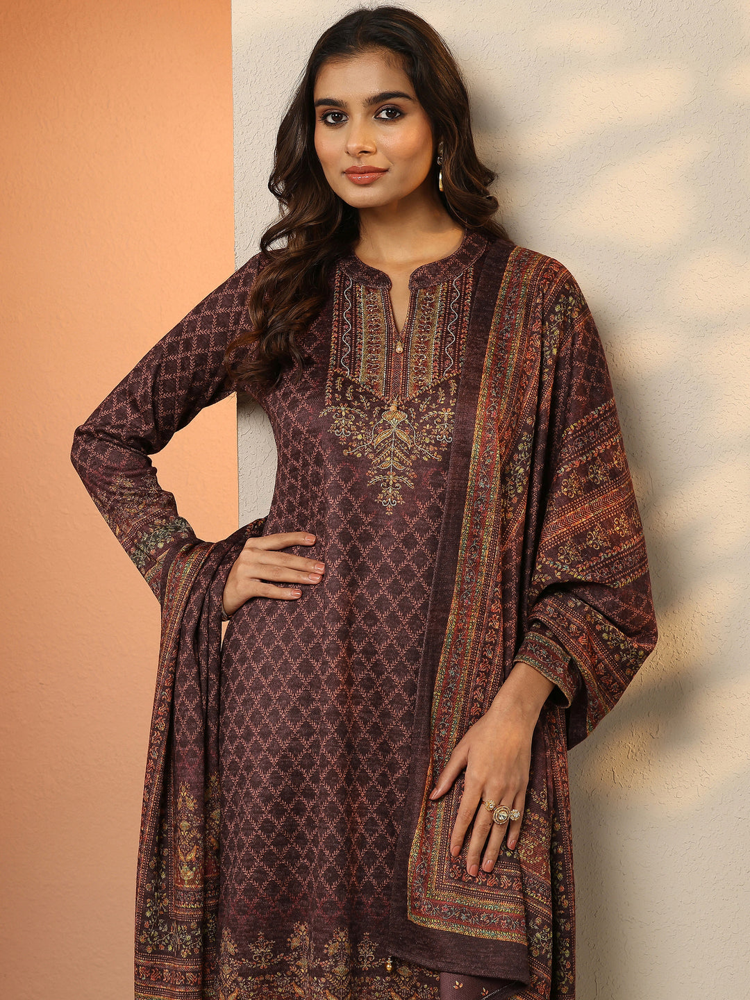  Burgundy Printed Wool Straight Suit Set With Dupatta 