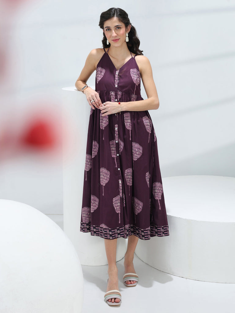 Libas Burgundy Quirky Printed Cotton A-Line One-Piece Dress
